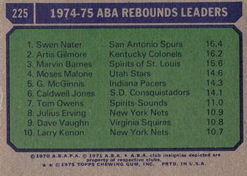 1975-76 Topps #225 ABA Rebounds Leaders (Swen Nater / Artis Gilmore / Marvin Barnes) Back
