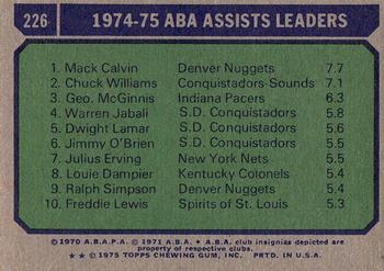 1975-76 Topps #226 ABA Assists Leaders (Mack Calvin / Chuck Williams / George McGinnis) Back