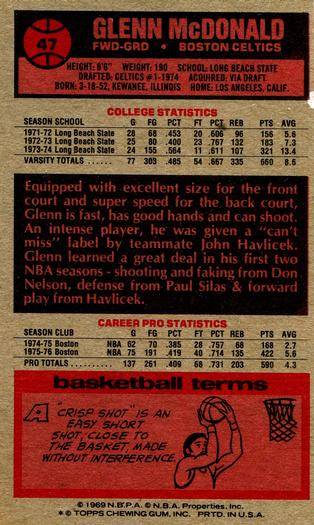 1976-77 Topps #47 Glenn McDonald Back