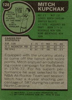 1977-78 Topps #128 Mitch Kupchak Back