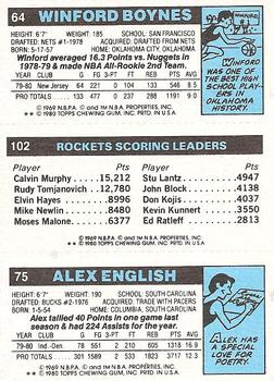 1980-81 Topps #64 / 75 / 102 Alex English / Moses Malone / Winford Boynes Back