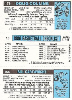1980-81 Topps #13 / 166 / 179 Bill Cartwright / Eddie Johnson / Doug Collins Back