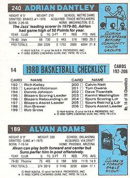 1980-81 Topps #14 / 189 / 240 Alvan Adams / Lloyd Free / Adrian Dantley Back
