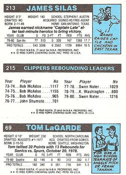 1980-81 Topps #69 / 213 / 215 Tom LaGarde / Swen Nater / James Silas Back