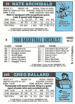 1980-81 Topps #4 / 33 / 245 Greg Ballard / Walter Davis / Nate Archibald Back