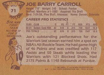1981-82 Topps #W71 Joe Barry Carroll Back