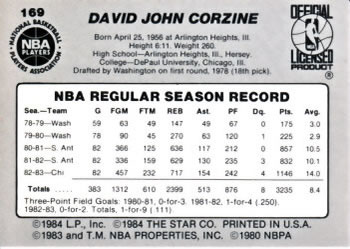 1983-84 Star #169 Dave Corzine Back