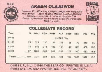 1984-85 Star #237 Akeem Olajuwon Back