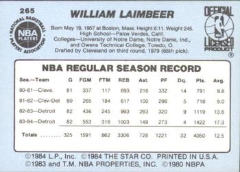 1984-85 Star #265 Bill Laimbeer Back