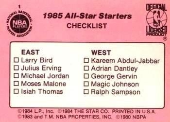 1985 Star Crunch ‘N Munch All-Stars #1 1985 All-Star Starters Checklist Back