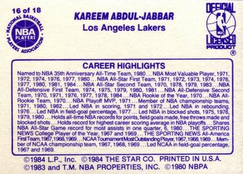 1985 Star Kareem Abdul-Jabbar #16 Kareem Abdul-Jabbar Back
