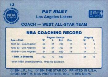 1985 Star Lite All-Stars #13 Pat Riley Back