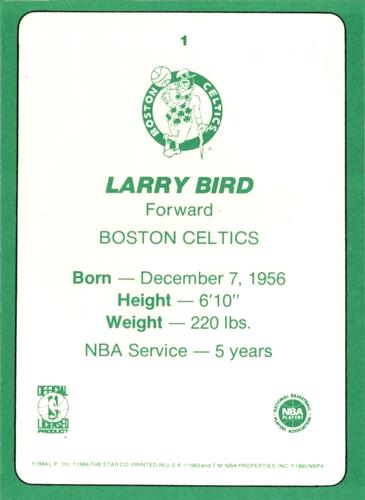 1985 Star Super Teams Boston Celtics #1 Larry Bird Back