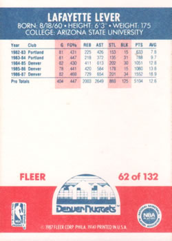1987-88 Fleer #62 Lafayette Lever Back
