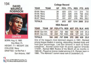 1991-92 Hoops #194 David Robinson Back