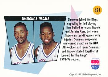 1991-92 SkyBox #481 Lionel Simmons / Wayman Tisdale Back