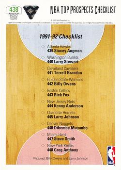 1991-92 Upper Deck #438 NBA Top Prospects Checklist (Billy Owens / Larry Johnson) Back