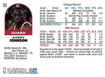 1992-93 Hoops #82 Avery Johnson Back