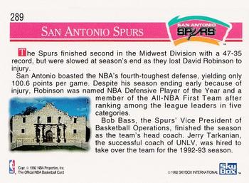 1992-93 Hoops #289 San Antonio Spurs Back
