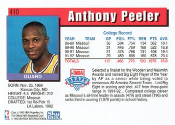 1992-93 Hoops #410 Anthony Peeler Back