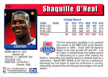 1992-93 Hoops #442 Shaquille O'Neal Back