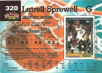 1992-93 Stadium Club #320 Latrell Sprewell Back