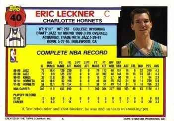 1992-93 Topps #40 Eric Leckner Back