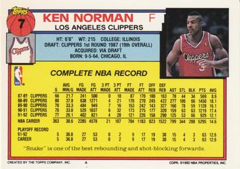 1992-93 Topps #7 Ken Norman Back