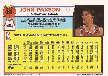 1992-93 Topps #24 John Paxson Back