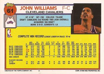 1992-93 Topps #61 John Williams Back