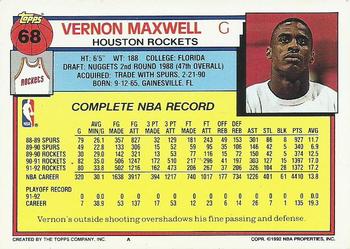 1992-93 Topps #68 Vernon Maxwell Back