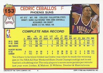 1992-93 Topps #153 Cedric Ceballos Back