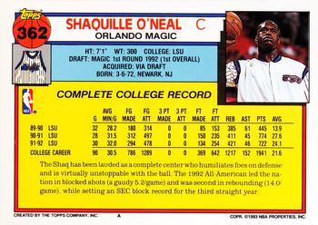 1992-93 Topps #362 Shaquille O'Neal Back