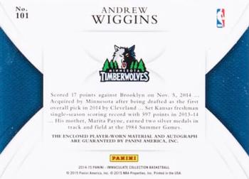 2014-15 Panini Immaculate Collection - Rookie Patch Autographs Logoman #101 Andrew Wiggins Back