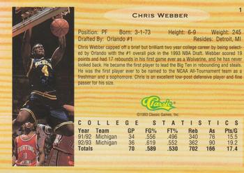 1993 Classic Draft Picks #1 Chris Webber Back