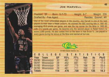 1993 Classic Draft Picks #40 Joe Harvell Back