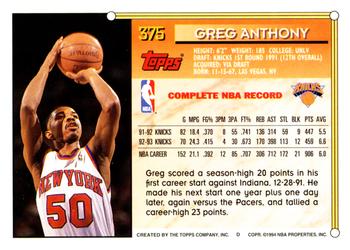 1993-94 Topps #375 Greg Anthony Back