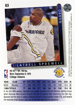 1993-94 Upper Deck #63 Latrell Sprewell Back