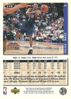 1994-95 Collector's Choice #238 Jalen Rose Back