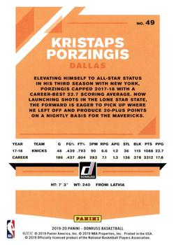 2019-20 Donruss - Holo Orange Laser #49 Kristaps Porzingis Back