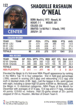 1994-95 Hoops #152 Shaquille O'Neal Back