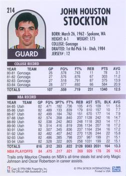 1994-95 Hoops #214 John Stockton Back