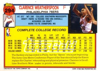 1992-93 Topps - Gold #294 Clarence Weatherspoon Back
