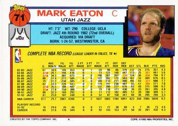1992-93 Topps - Gold #71 Mark Eaton Back