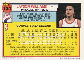 1992-93 Topps - Gold #134 Jayson Williams Back
