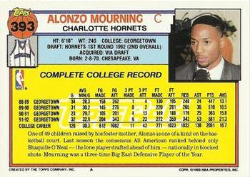 1992-93 Topps - Gold #393 Alonzo Mourning Back