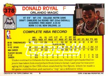 1992-93 Topps - Gold #378 Donald Royal Back
