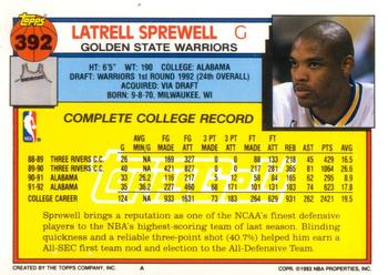 1992-93 Topps - Gold #392 Latrell Sprewell Back