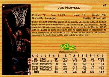 1993 Classic Draft Picks - Gold #40 Joe Harvell Back