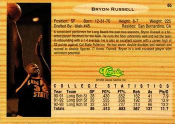 1993 Classic Draft Picks - Gold #65 Bryon Russell Back